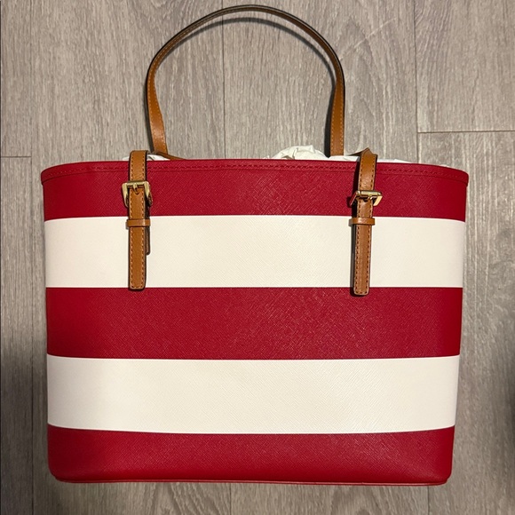 Michael Kors Red and White Stripe Tote - Picture 2 of 4